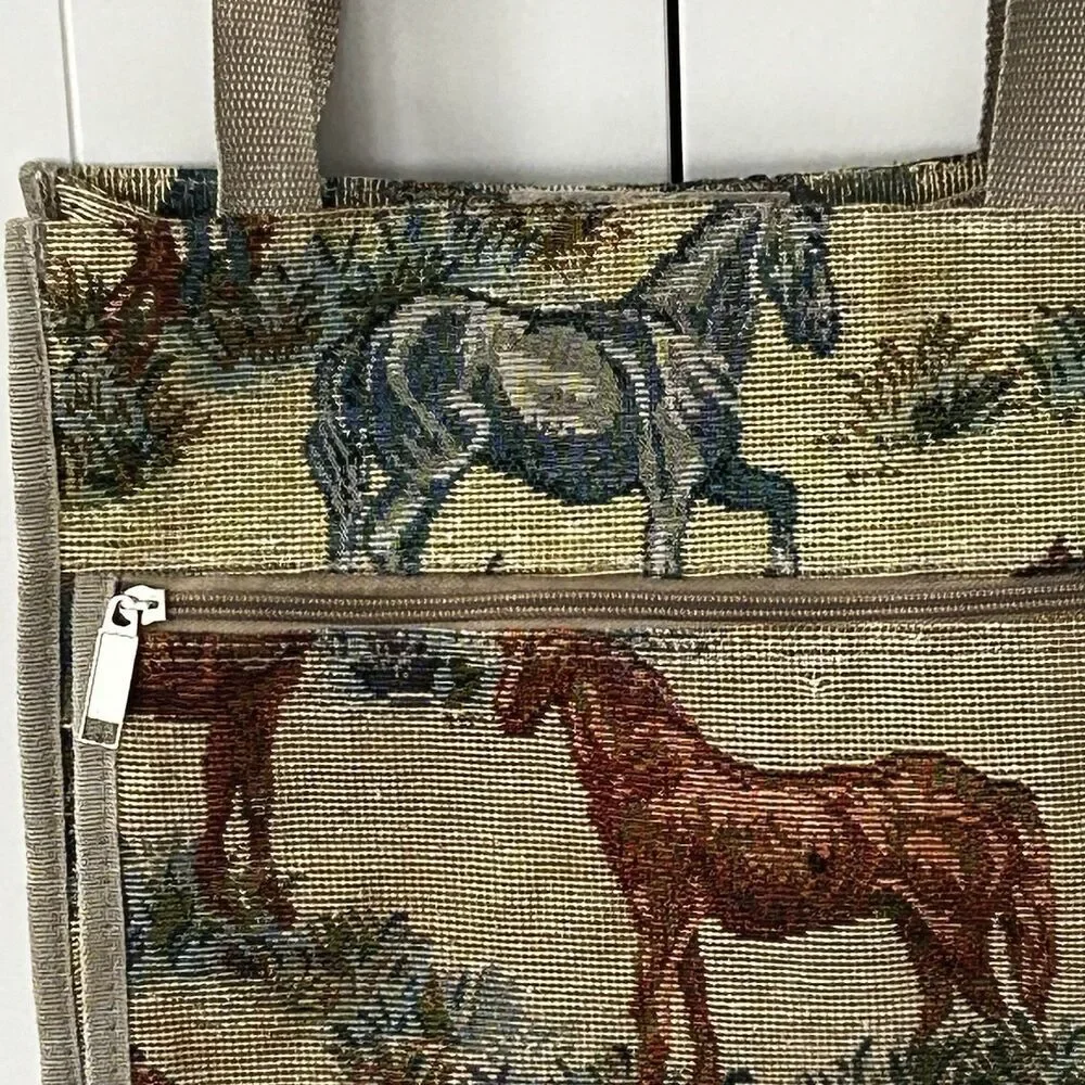 Horse Tapestry Tote Bag Double Handle Zipper Pockets Country Handbag Cottage